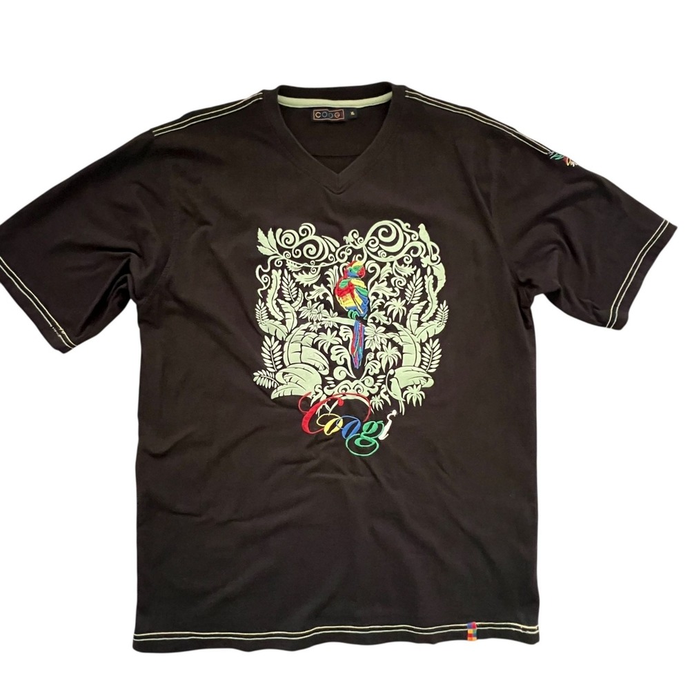 Vtg Coogi Parrot Embroidered V-Neck Shirt XL Black Hip-Hop Streetwear Bling‎